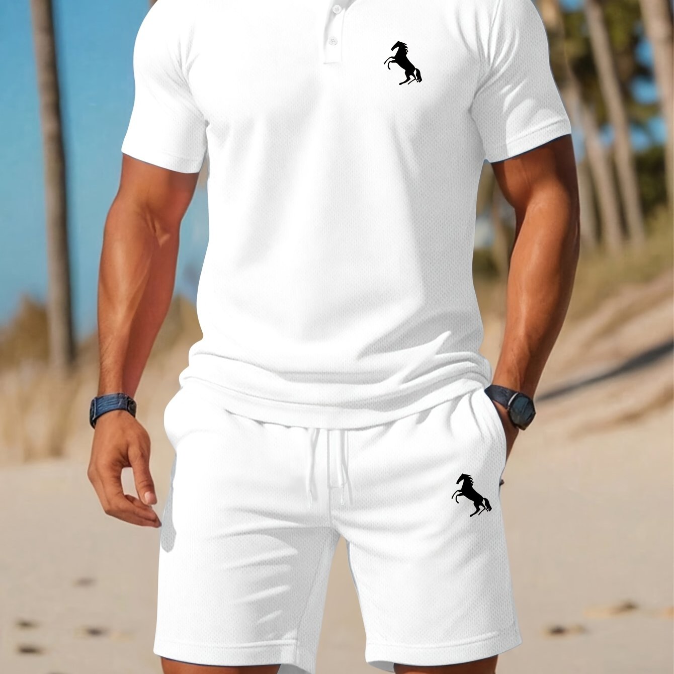 E-shop Weiß Schwarz Grau Einfarbiges Anzug Kurzarm Herren, Polo-Shirt im amerikanischen Stil als Basis, Herren Texturierte Shorts Kurzarm T-Shirt