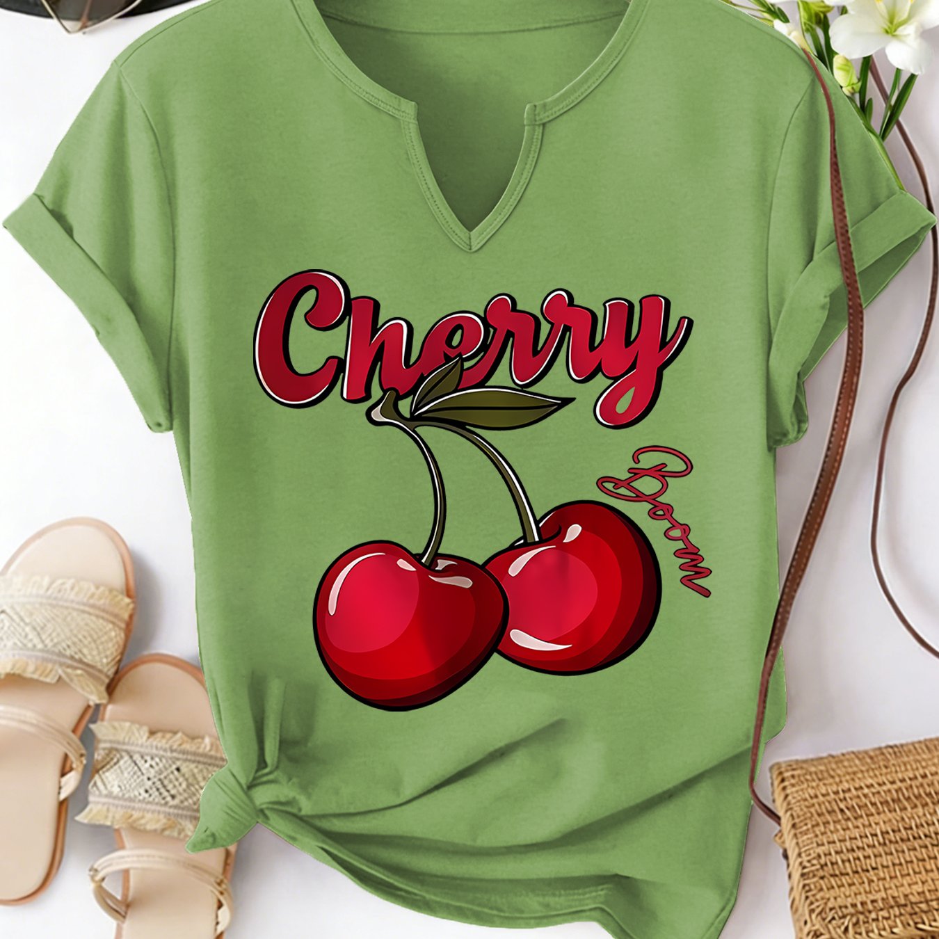 TEMU Women's Summer V-neck Roll-up Sleeve T-shirt, Cherry Themed Letter Print, Hand Drawn Fruit Illustration Design, Daily Casual Personalized Top,