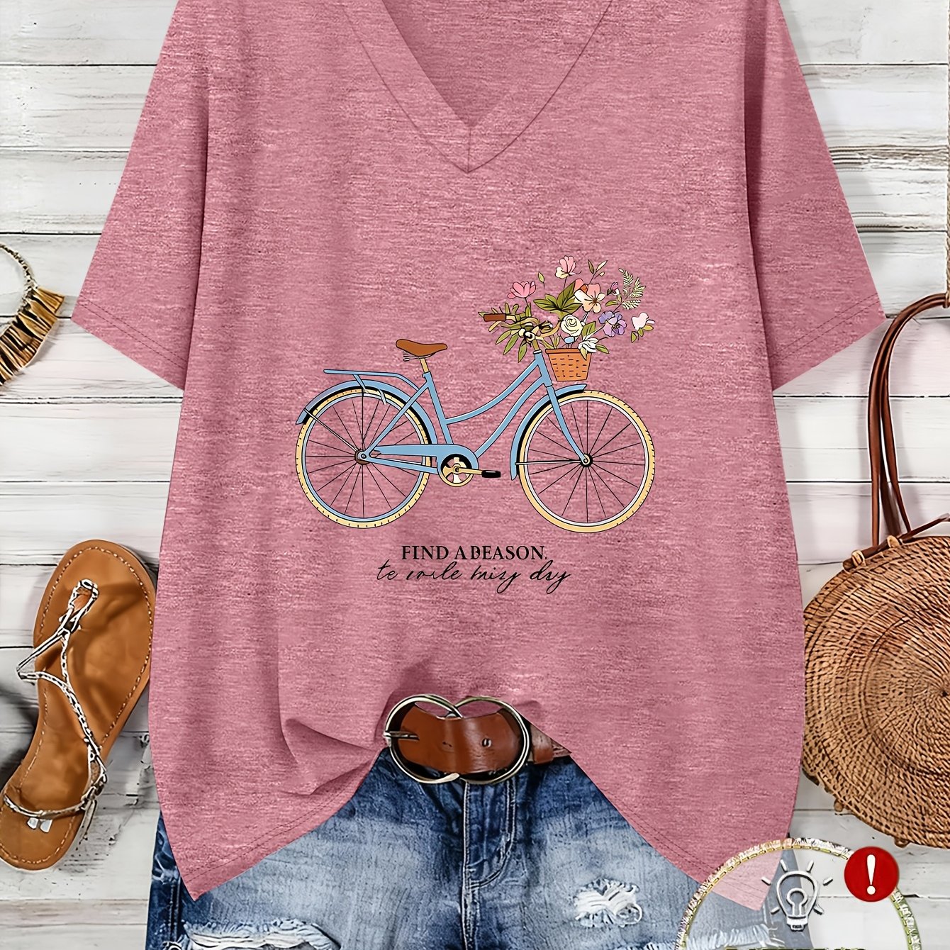 TEMU Plus Size, /summer Plus Size Women's Fashion Bicycle And Floral Print Loose Drop-shoulder Half-sleeve T-shirt, High-quality Women's Top, Casual