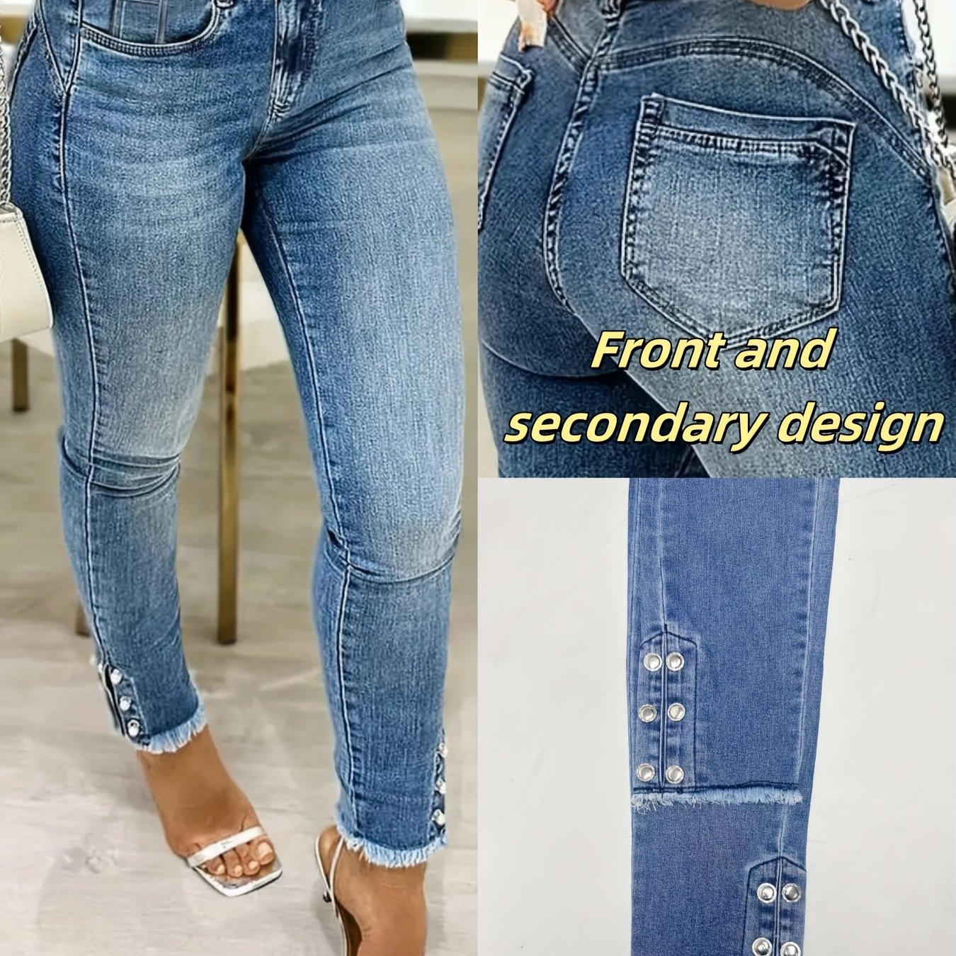 Image of High-waisted Stretch. Heavy-duty With Button Detailing At The Hem. -. Fashionable Slim-fit Pants Denim Jeans