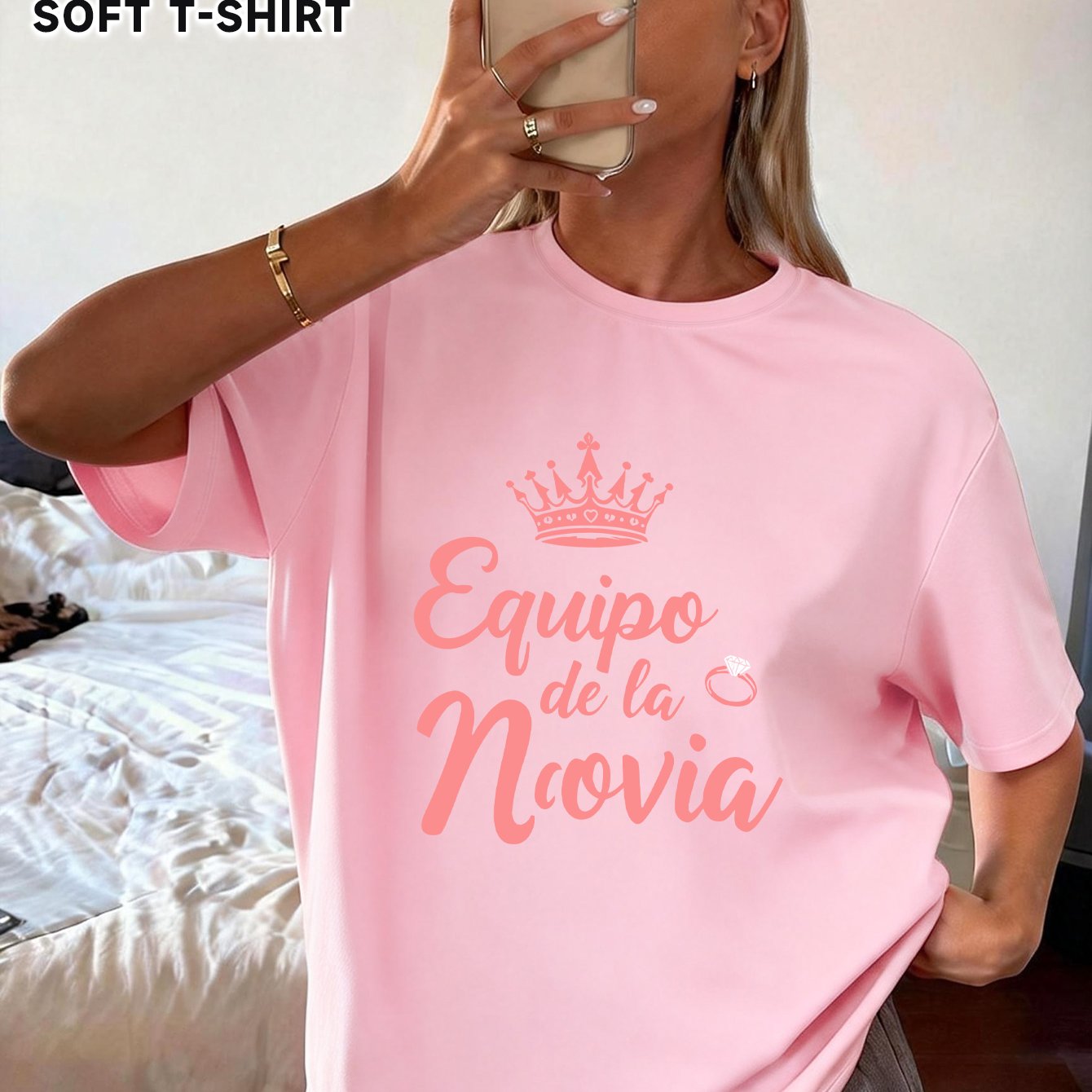 TEMU Camiseta de manga corta casual de moda para mujer estilo Y2K, con un estampado único y divertido de corona, anillo y "Equipo De ", estilo