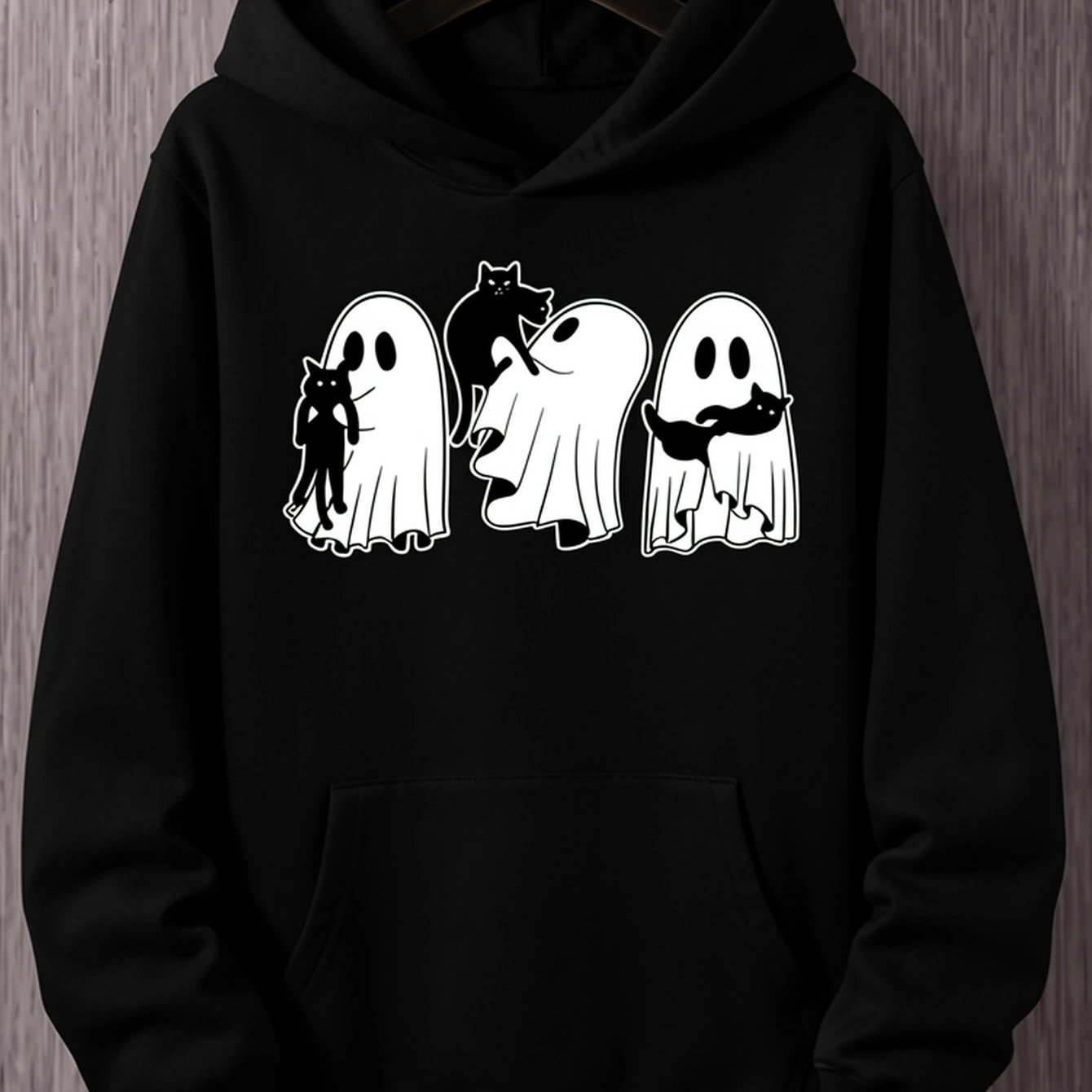 Image of Spooky Cat Halloween Hoodie, Unisex Graphic Hooded Sweatshirt, Long Sleeve Pullover With Kangaroo Pocket, Cute Black Cat And Print, Casual Streetwear Top For Fall Winter, Costume Parties, Daily Wear