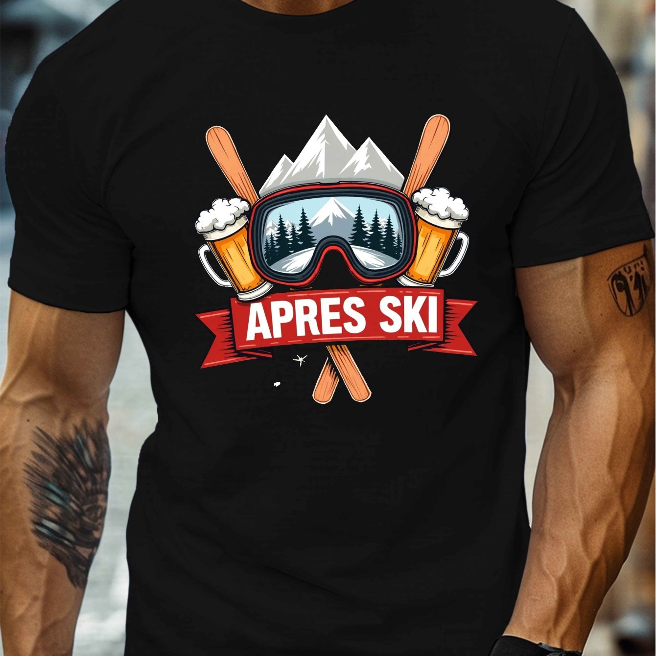 TEMU After Ski Print, Men's Round Crew Neck Short Sleeve Tee, Casual T-shirtcasual Comfy Lightweight Top For Summer
