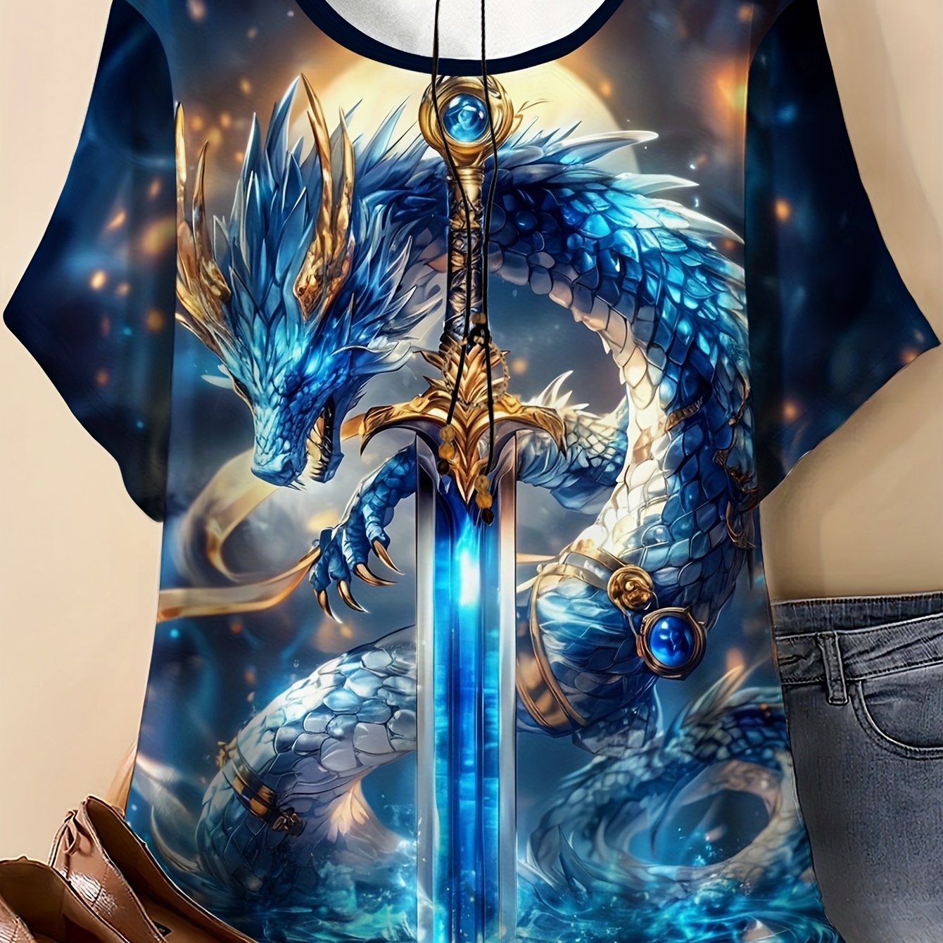 Plus Size - Plus Size - Plus-size Women's Clothing Sword And Blue Dragon Pattern Print, Women's T-shirt, Slightly Stretchy Fabric, Machine Washable, Comfortable For , No Pendant Included
