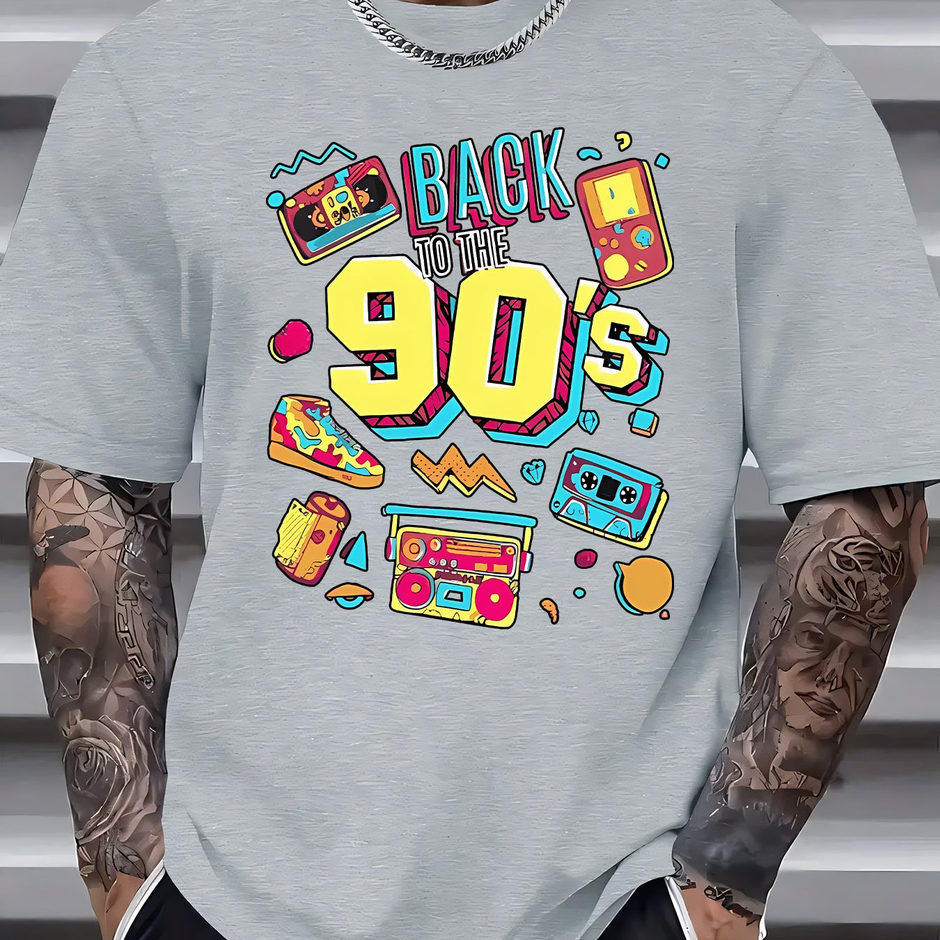 TEMU Retro 90s Elements Print Men's Casual T-shirt, Summer Men's Round Neck Short Sleeve T-shirt Men's Fashion Versatile Trendy Print Short Sleeve
