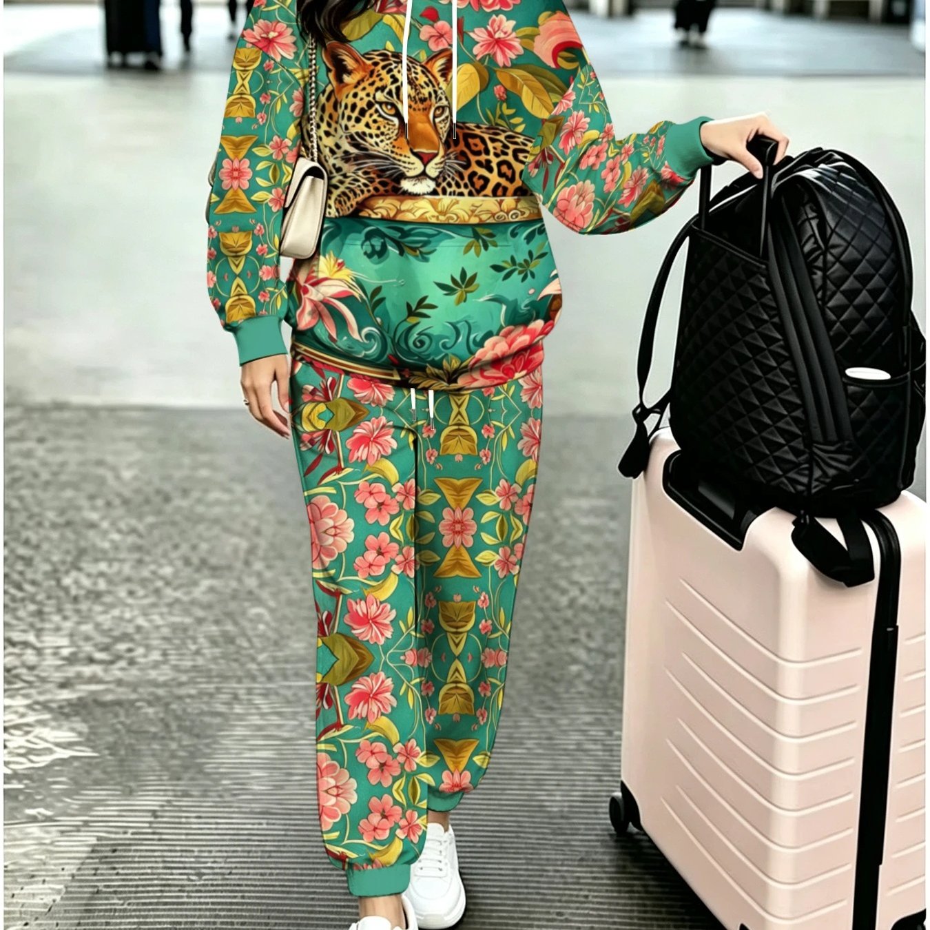 TEMU Plus Size - Green Background Floral Leopard Print Hoodie Set Women's Retro Loose Casual Two-piece