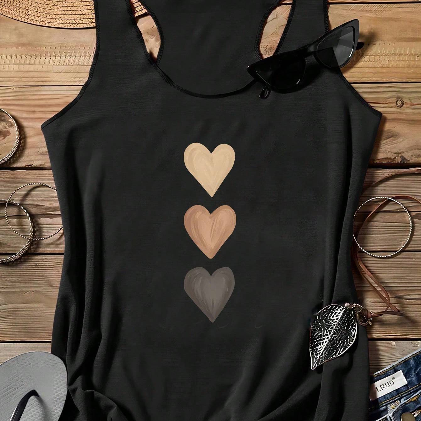 TEMU Women's Casual Heart Pattern Slim Fit Round Neck Tank Top, Suitable For Summer, Casual