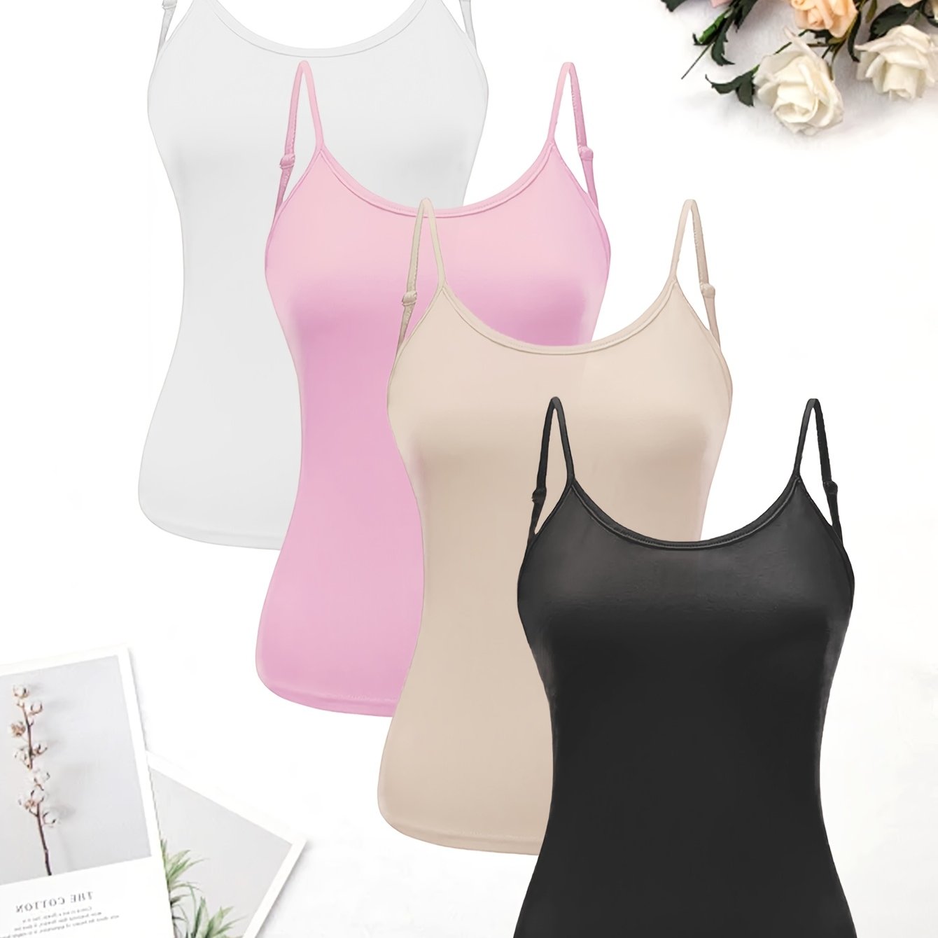E-shop 4er-Set Damen-Muschel-Trägertop mit eingearbeitetem gepolstertem BH, lang geschnittene Unter- oder Oberbekleidung