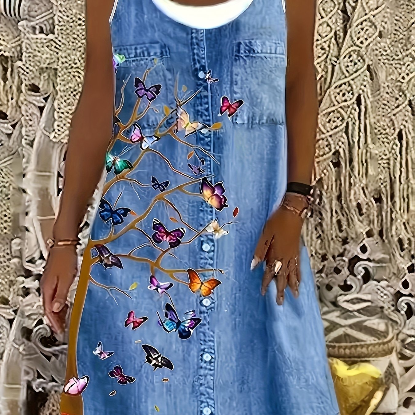 TEMU Tallas grandes, [Pantalones estampados - No es tela de mezclilla] Moda /verano, vestido de mujer de talla grande con estampado floral de