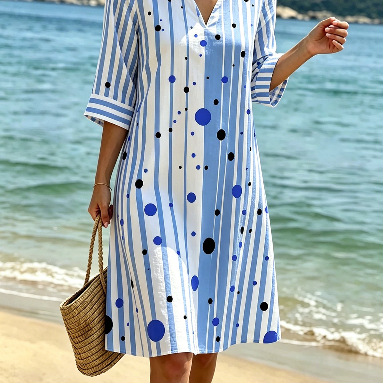 Women's Summer Dress, Striped Polka Dot Print V-neck 3/4 Sleeve Loose Fit Casual Dress, Lightweight Breathable Beach Vacation Dress, Perfect For Daily Wear, Trendy Resort Wear
