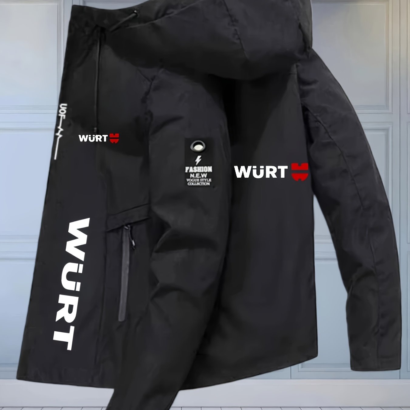 TEMU Men's New Wurt And Geometric Pattern Print Lightweight Hooded Jacket, Zipper Closure, Windproof Design, 100% Polyester Lightweight Fabric,