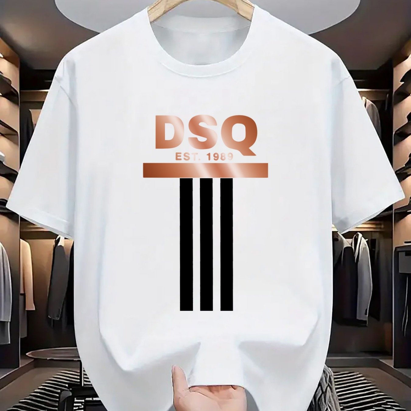 Men's Round Neck T-shirt, 'dsq 1989 Gradient 3 Bar' T-shirt - Cotton Knitted Fabric, Men's Summer Casual Top, Loose Fit, Casual Wear, Letter Printed T-shirt, Patterned T-shirt, , Soft Shirt, Printed T