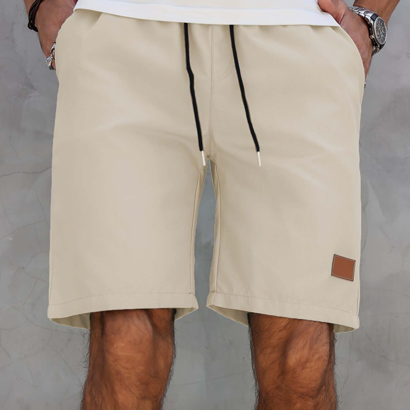 TEMU Men's Summer Solid Drawstring Sports Shorts, Breathable Fabric Knee-length Shorts, Casual Beachwear, Athletic Style