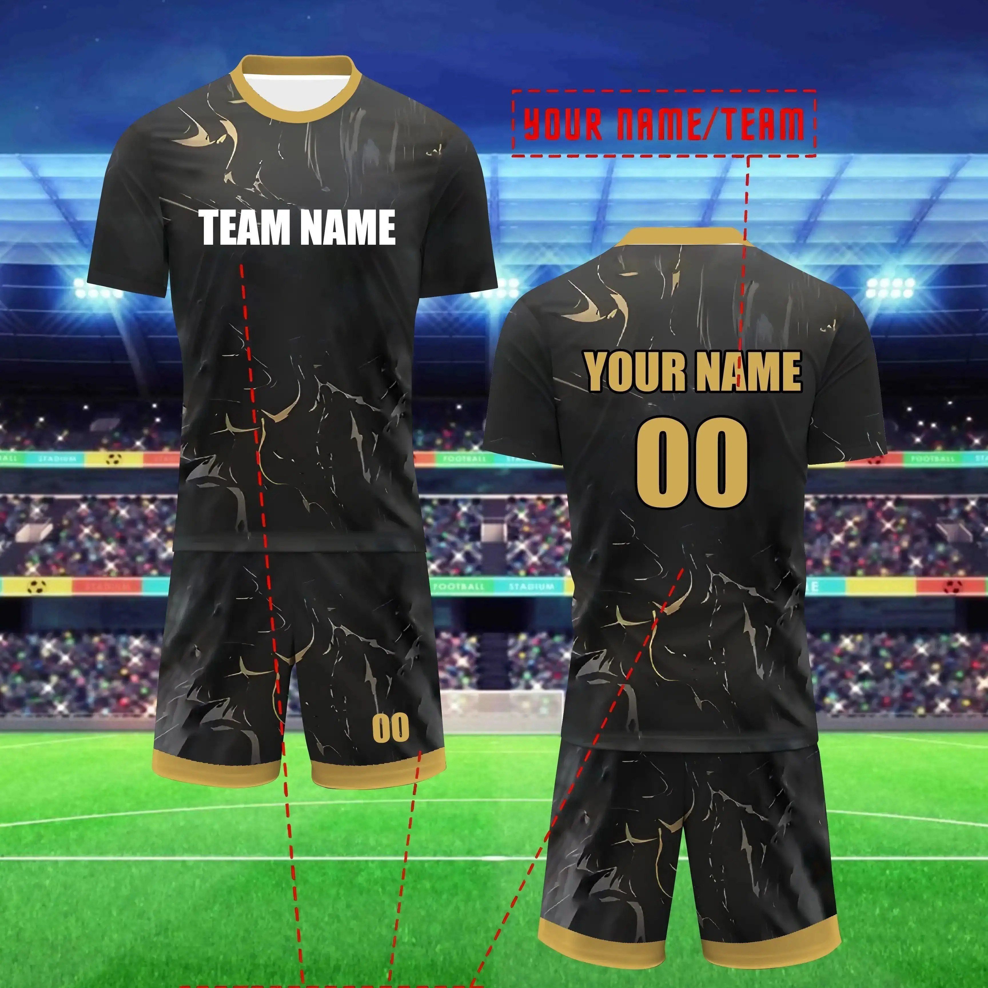 TEMU Custom Men's Soccer Jersey, Round Neck Black Football Uniform, Quick-dry, Breathable, Comfortable, For Training And Competition, Adult Short