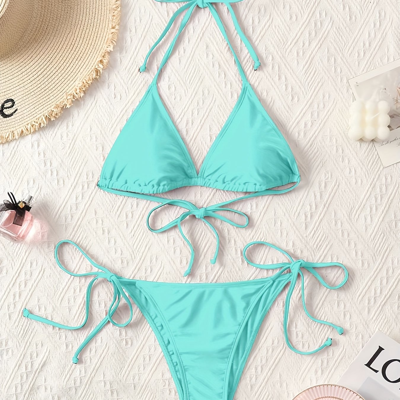 Image of Classic Sexy Bikini Set, Halter V-neck, Backless Design, 2pcs Classic Bikini Swimsuit, Triangle Top, Side-tie Shorts, Beach Pool Party Essential
