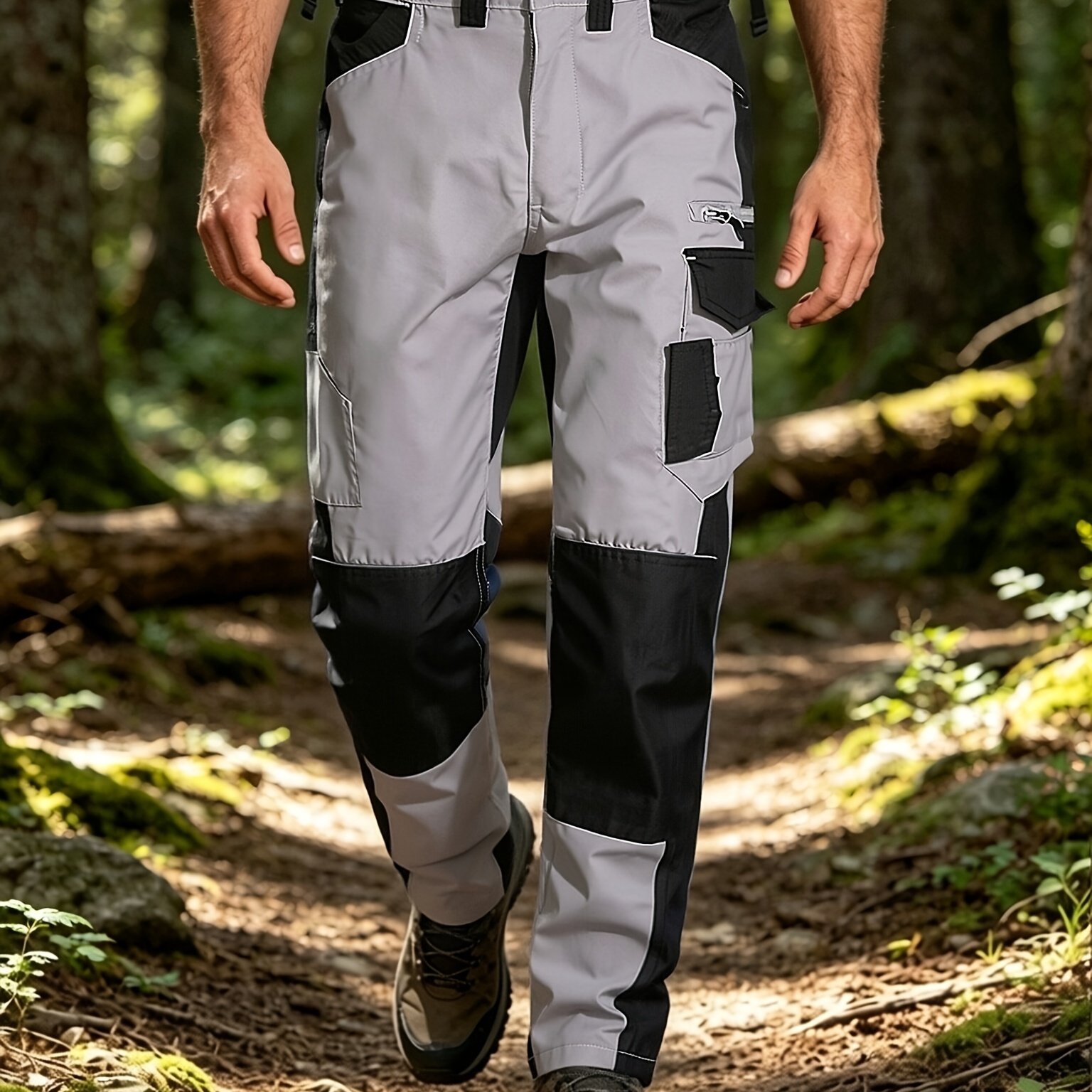 Image of Men's Multi-functional Hiking Work Pants: Elastic Waist, Wear-resistant, Stretch Crotch, Knees, And Hips Work Pants With Knee Opening.