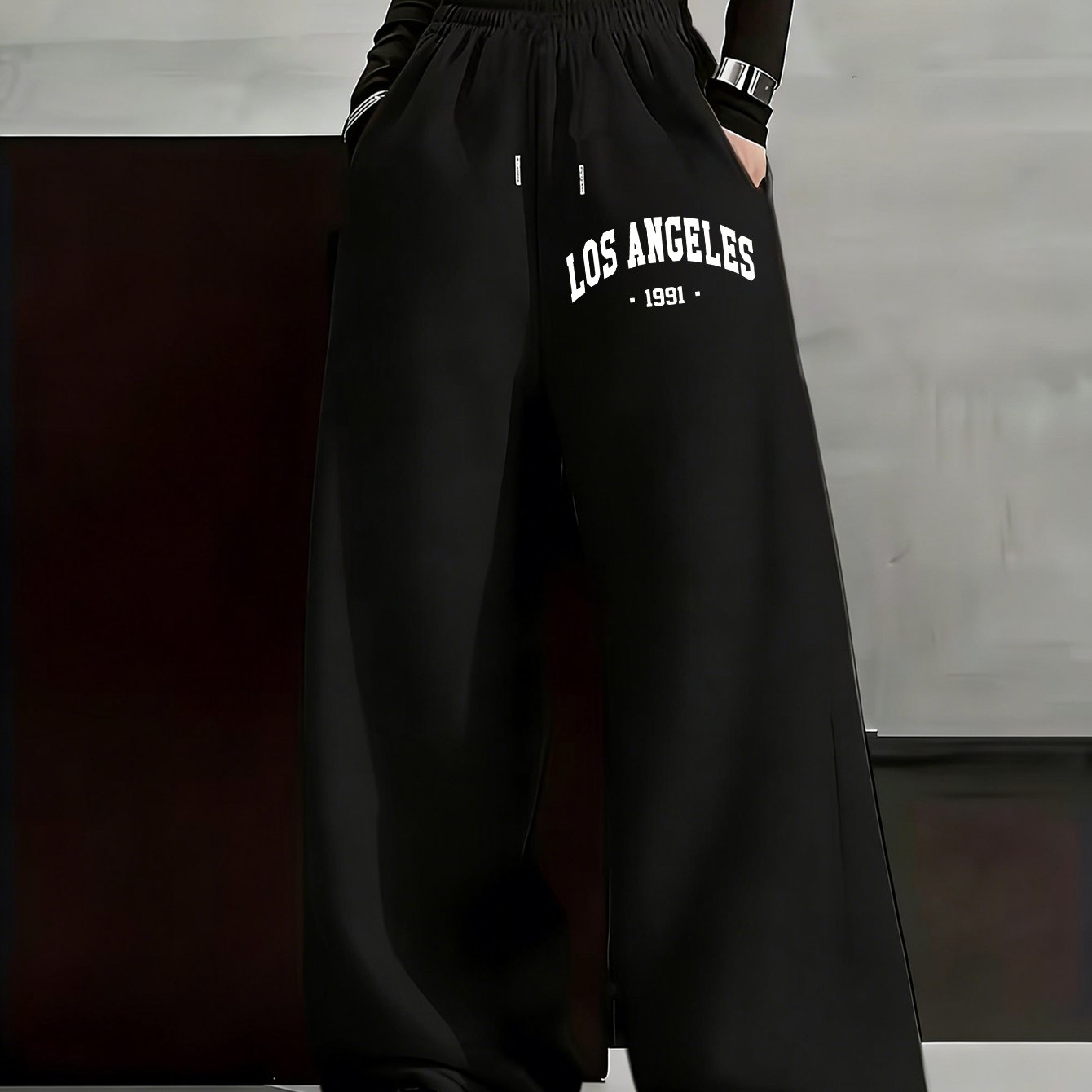 TEMU Drawstring Elastic Wide-leg Straight-leg Pants For Women With Slogan Print, Casual Loose Retro Straight Long Pants; Teacher Outfits, Graduation