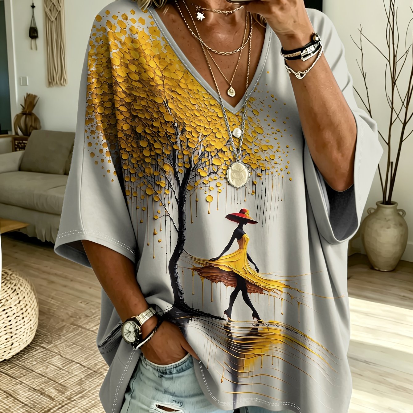 TEMU Plus Size, Artistic Style Printed Plus Size Women's V-neck Batwing Sleeve T-shirt, Elegant Yellow Dress Woman And Tree Oil Painting Print Loose