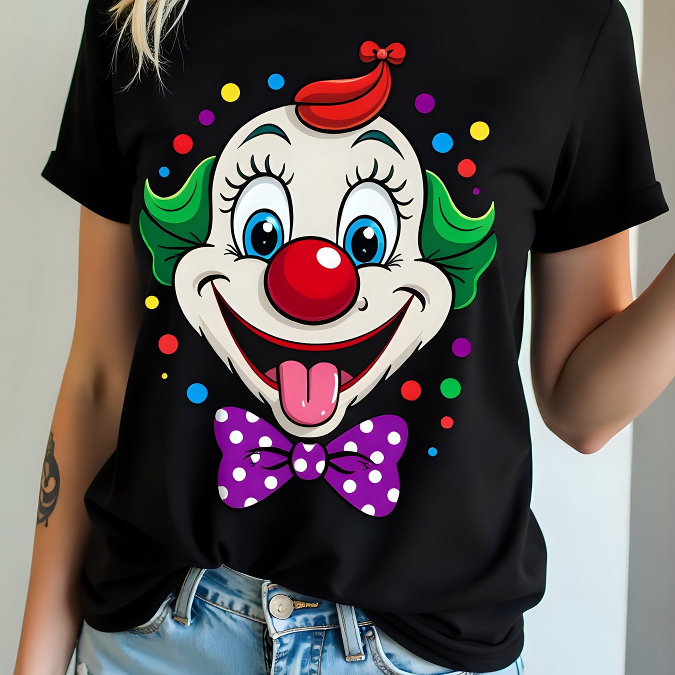 Image of 180g Black Crew Neck Short Sleeve Clown Print T-shirt Funny Cartoon Colorful Dots Polka Dot Bow Tie Ladies Halloween Christmas Theme Gift Plus Size Women