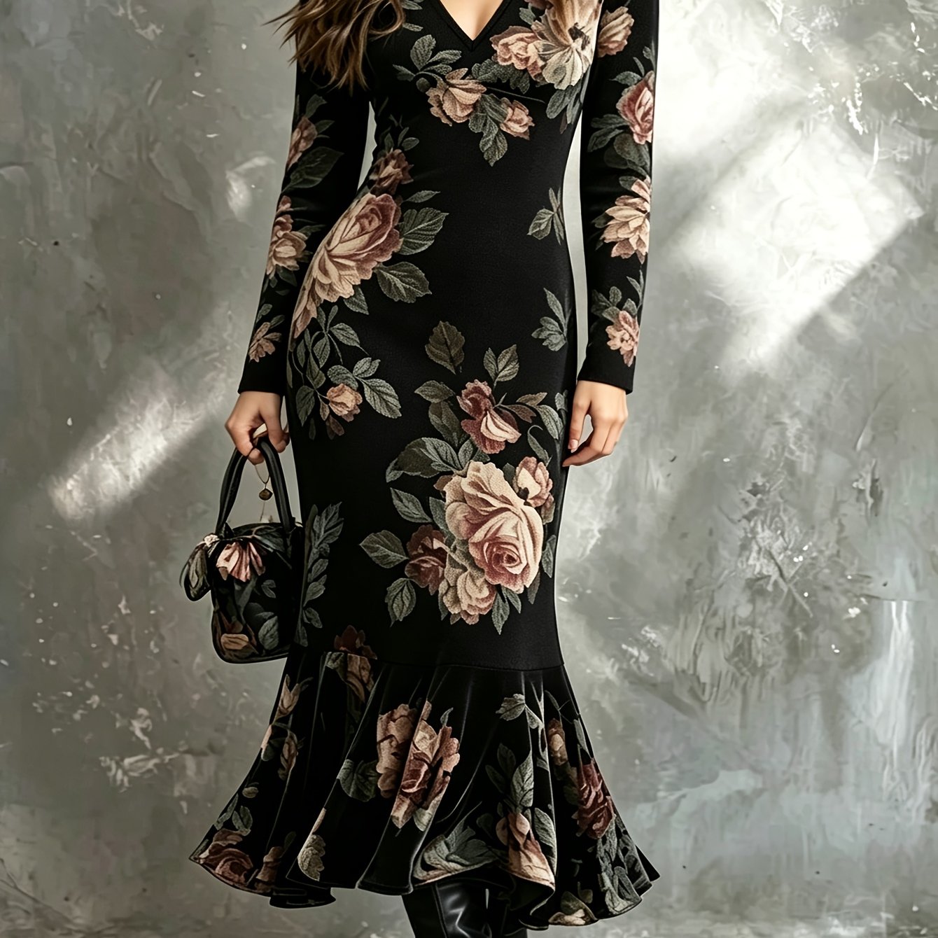 Image of Plus Size, Autumn And Winter Plus Size Women's Retro Floral Print Dress V-neck Long Sleeve Slim Fit Hip Wrap Fishtail Long Skirt Party Date Elegant Plus Size Dress