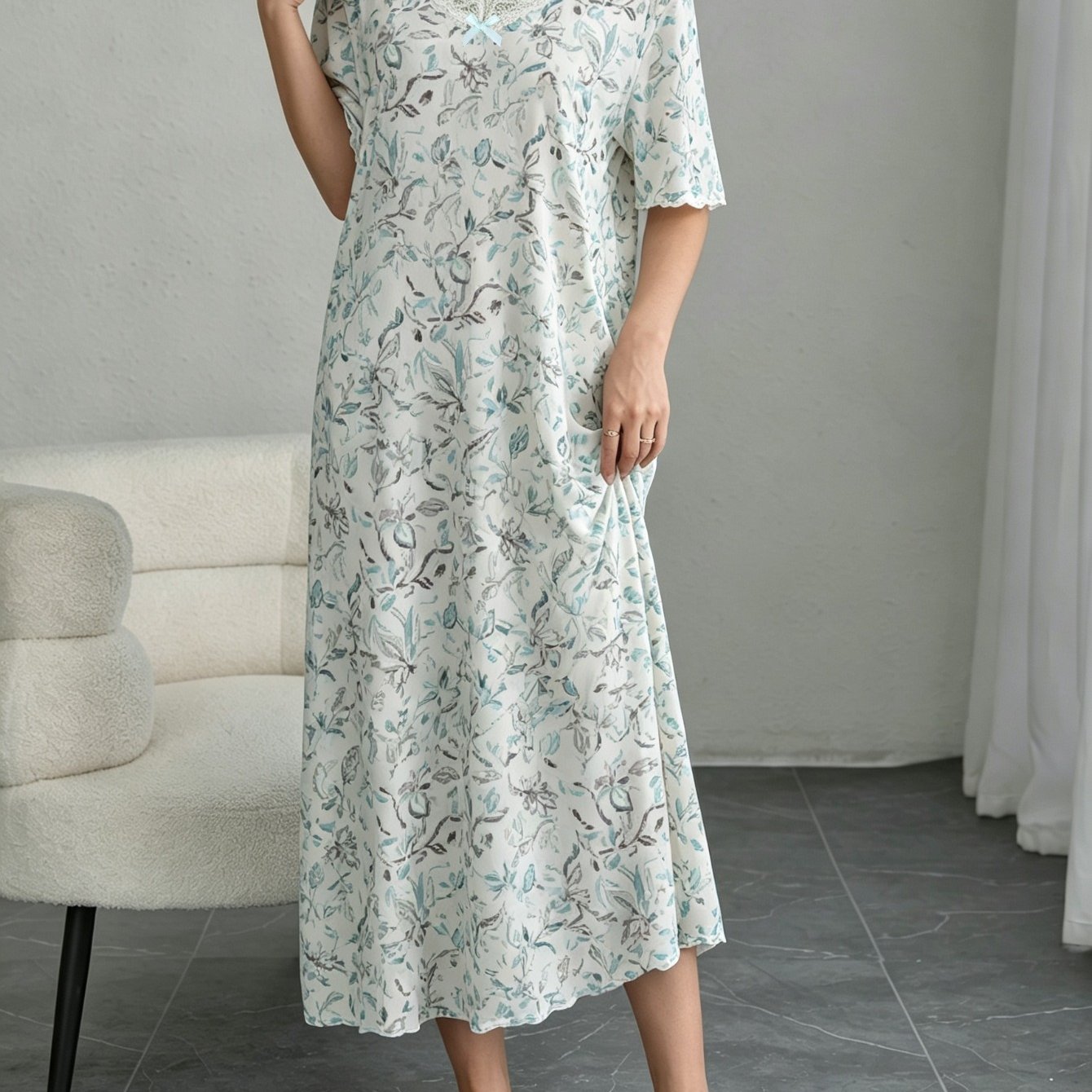 TEMU New Summer Floral Lace Trim Nightgown, Kitchen-wearable , Comfortable And Soft Loungewear Nightgown