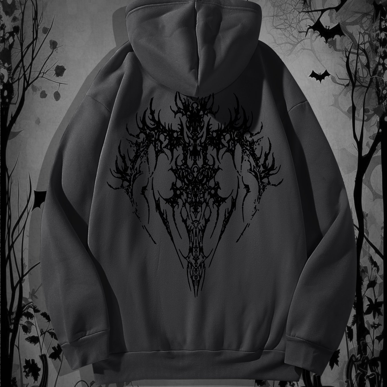 TEMU Men's Gothic Hooded Sweatshirt - Oversized Streetwear Pullover With Bat & Skull Print, Gothic Lettering, Loose Fit Winter Hoodie For Halloween,