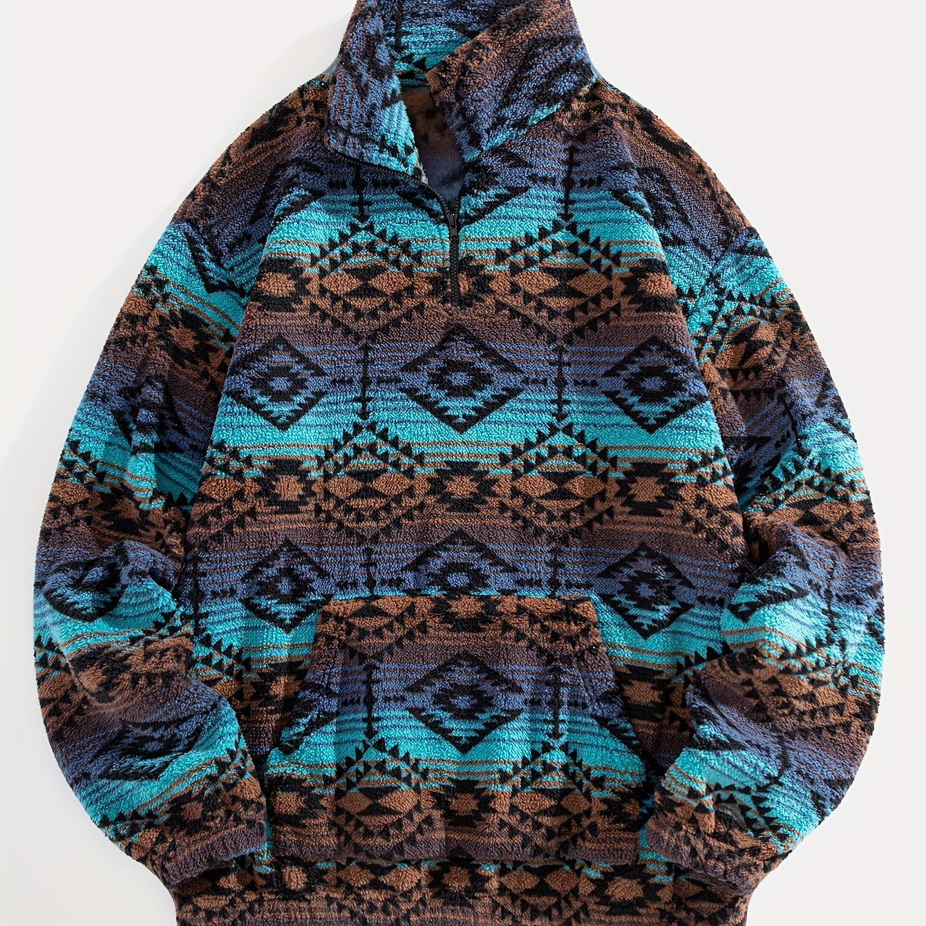 Image of Fleece Jacquard Zipper Mid-high Neck Kangaroo Pocket Pullover Sweater, Autumn/winter Essentials
