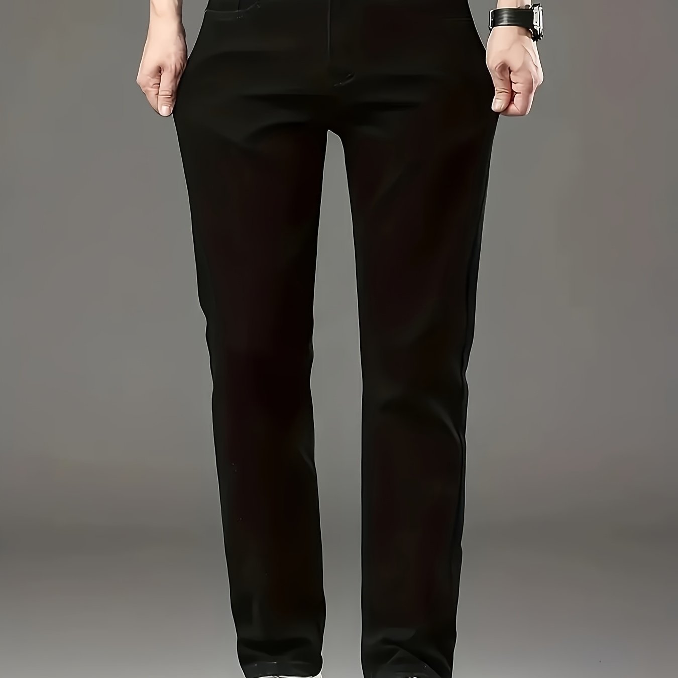 Black Plus Size Men's Denim, Stretch Straight Leg Trousers, Comfortable Casual Long Pants For , Easy Versatile Men's Business Trousers