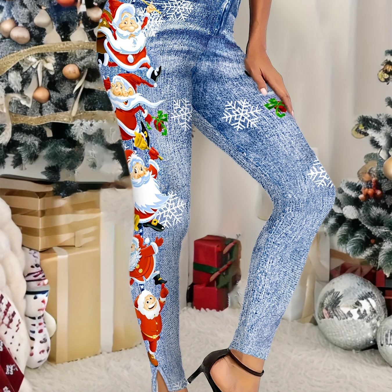 TEMU Christmas Print Skinny Leggings, Casual Waist Stretchy Leggings For Spring & Fall, Women's Clothing