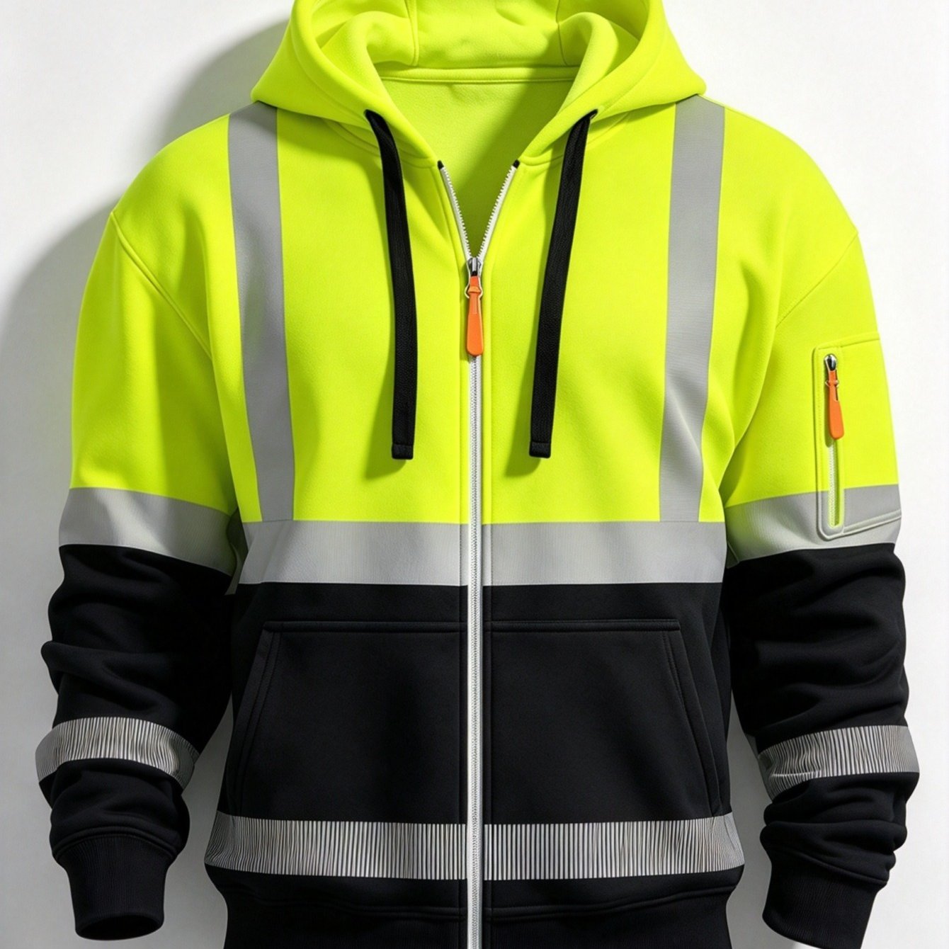 TEMU Men's Full-zip Hooded Sweater, Fluorescent Yellow And Black Color Matching Safety Work Hoodie, Long-sleeved High-visibility Tooling Jacket With