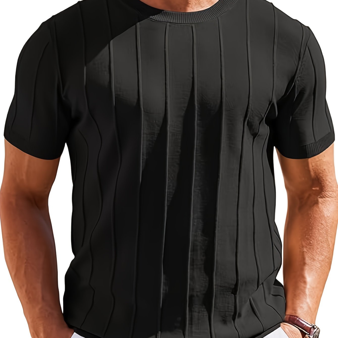 E-shop Sommer Neues Minimalistisches Stil Einfarbig Rundhals Strick T-Shirt Herren Kurzarm T-Shirt Dünne Basis Schicht Trendiges Oberteil für Innerwelt