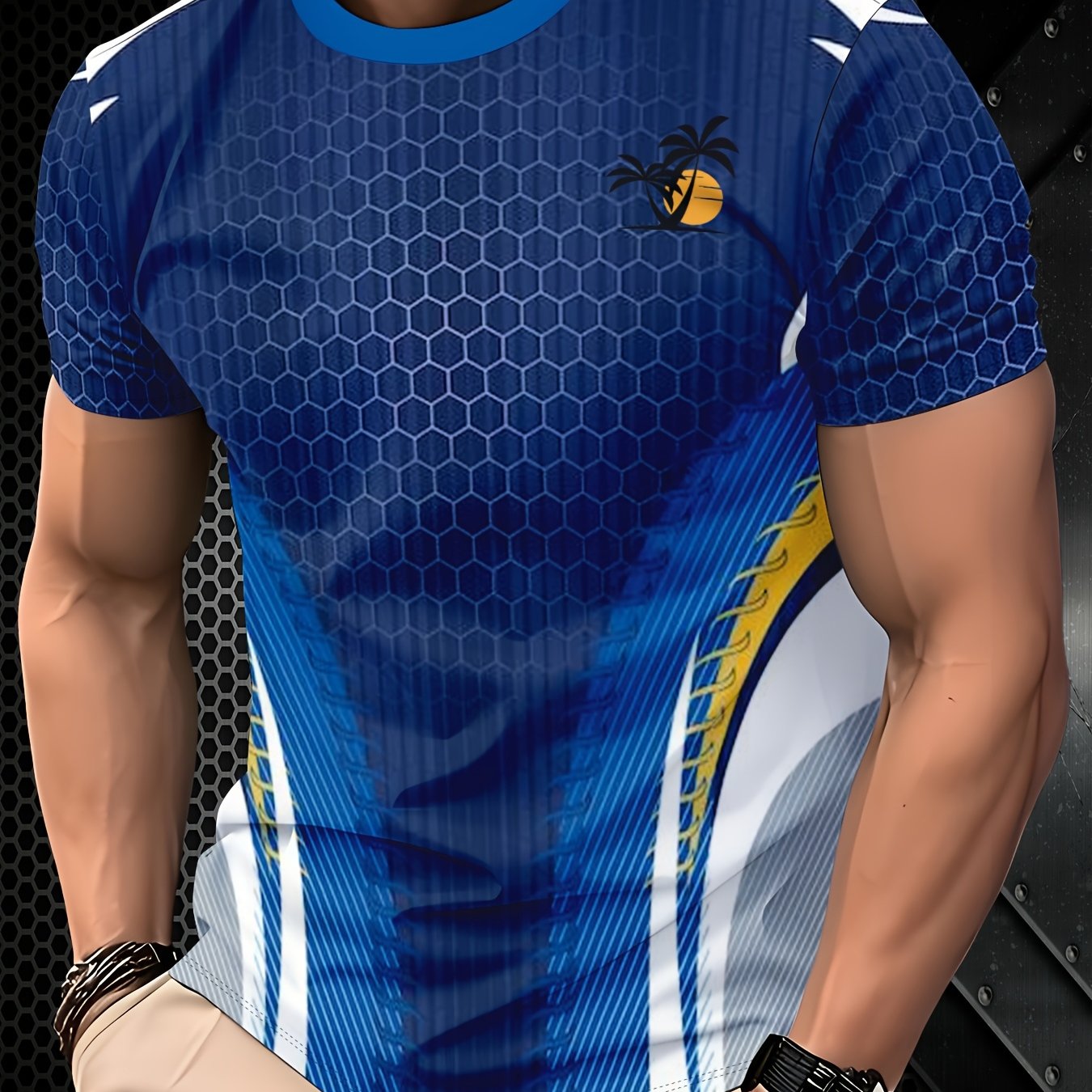TEMU Men's Fashion Trendy Short Sleeve T-shirt - Polyester Comfortable Durable Fabric, Suitable For Daily Wear And Vacation, Breathable Round Neck