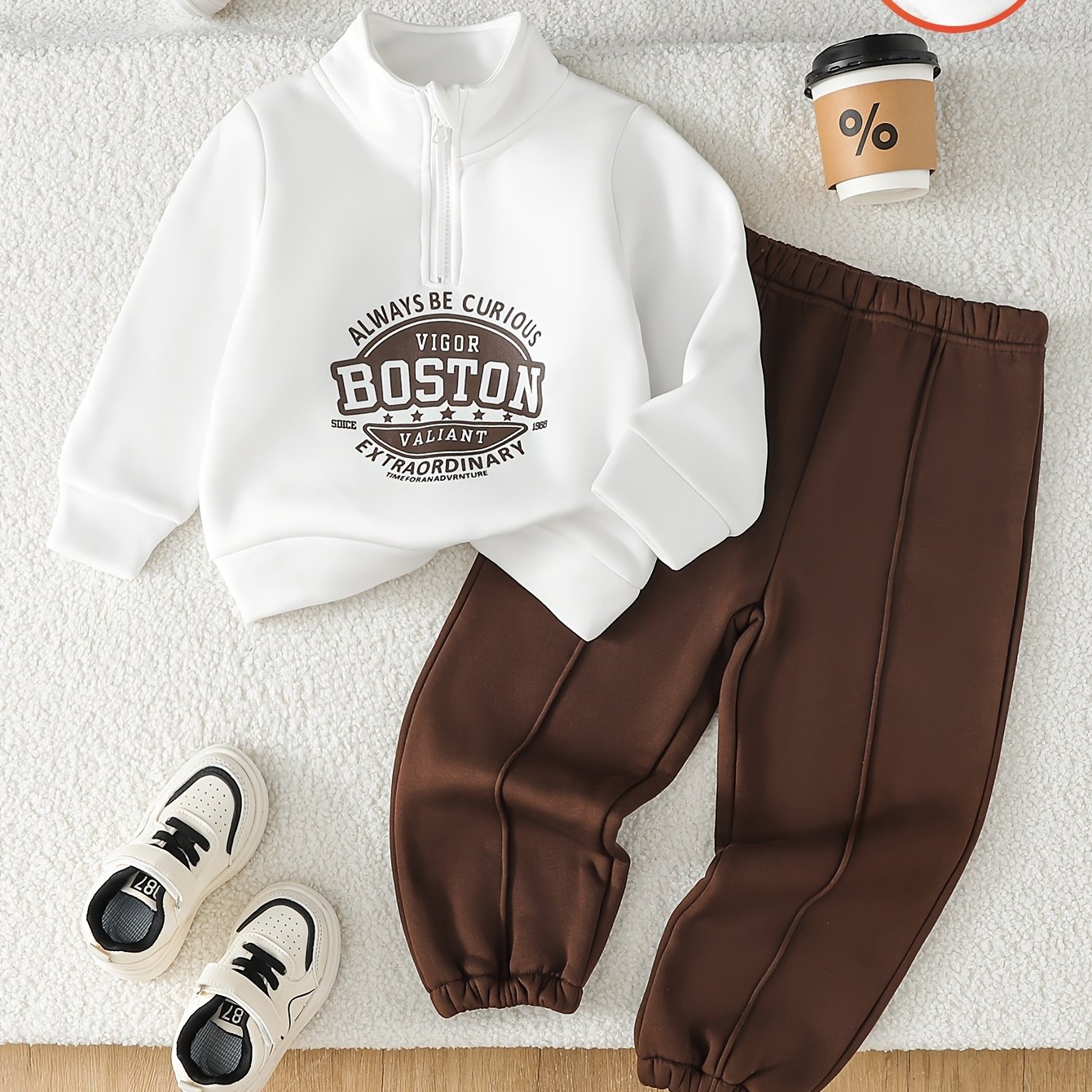 TEMU Ensemble de mode automne/hiver pour garçon, pull à col et demi-zippeur à manches longues avec pantalon long décontracté de couleur unie, tenue
