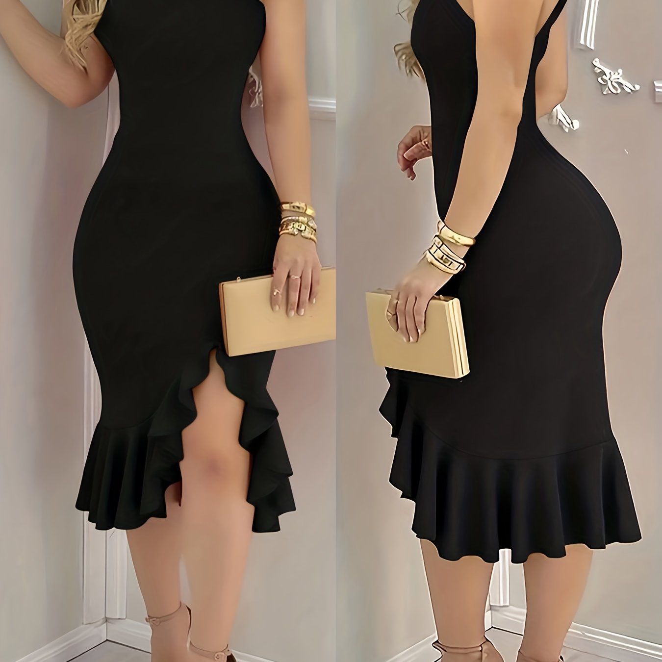 TEMU Women's Elegant Slim-fit Asymmetrical Neckline Midi Dress With Ruffle Hem, Solid Color Style, Beautiful Dress For Festivals, Commuting, , And