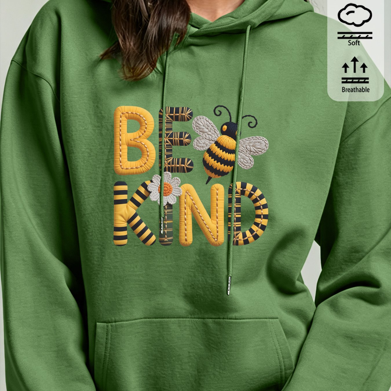 Image of Autumn Winter Bee & Letter Print Drawstring Hoodie For Women, Casual Loose Pullover Sweatshirt With Pockets