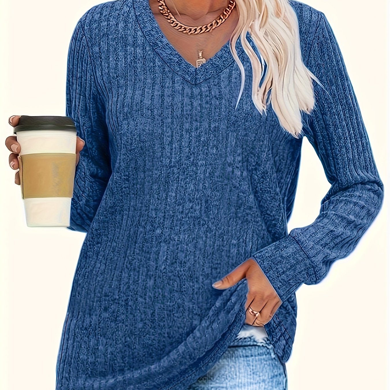 TEMU Plus Size - Plus Size - 2025 Autumn Winter New Women's Wear, Solid Color V-neck Long Sleeve Loose Casual Elegant Sweater, Autumn Winter Base