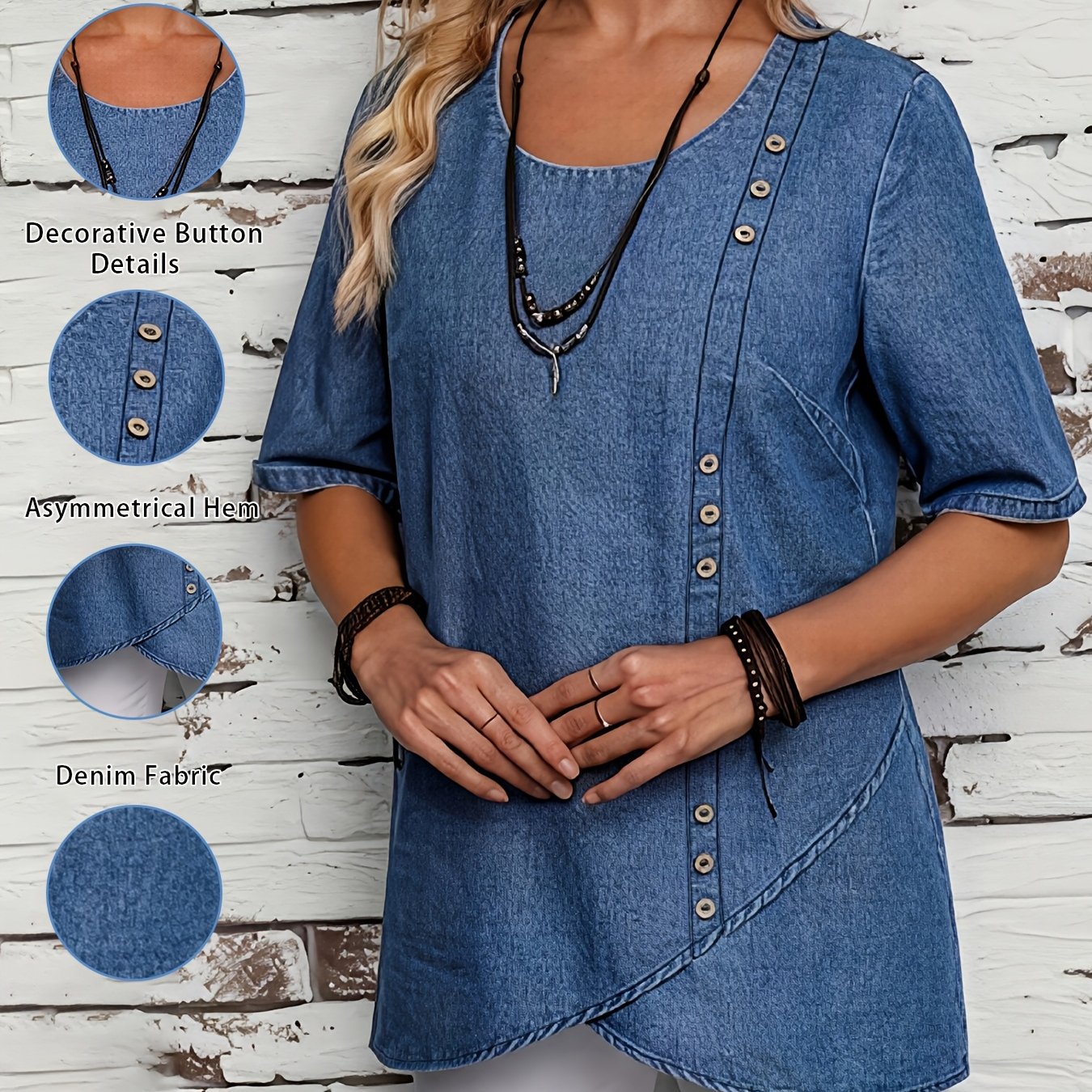 Image of Washed Blue Single-breasted Decorative Loose Short-sleeved Asymmetrical Hem Women's Fashionable And Elegant Denim Tops Denim Tops