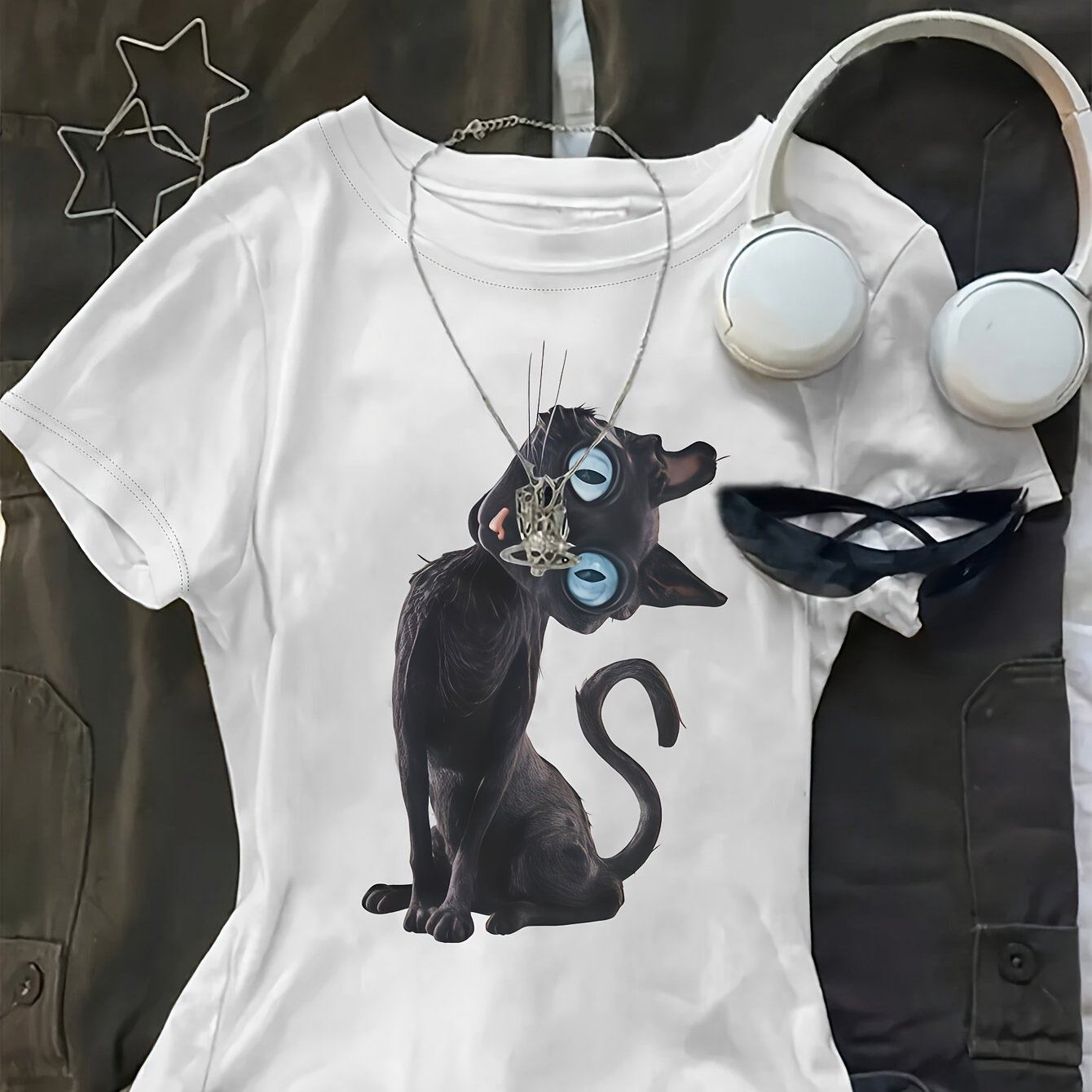 TEMU Women's Vintage Cat T-shirt - Short Sleeve Round Neck Casual Summer Top With Eye Kitten Design, Apparel For Fall Spring Casual Attire, Machine