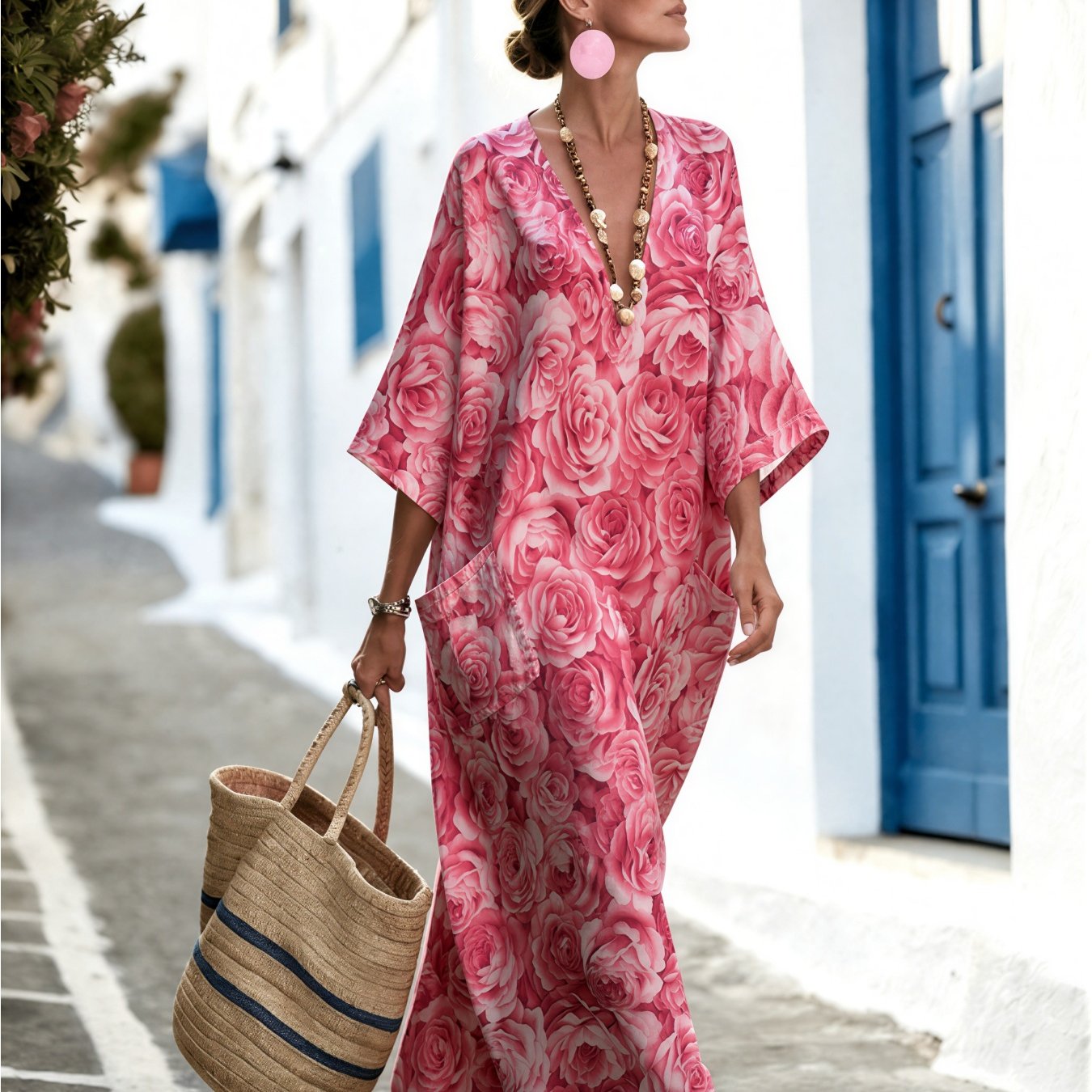 Image of Women's Summer V-neck Dress Pink Rose Prints Printed Pattern Vacation Kaftan Elegant Loose And Comfortable 2 Pockets Machine Washable Suitable For Daily Wear Party Occasions Perfect Gift Option