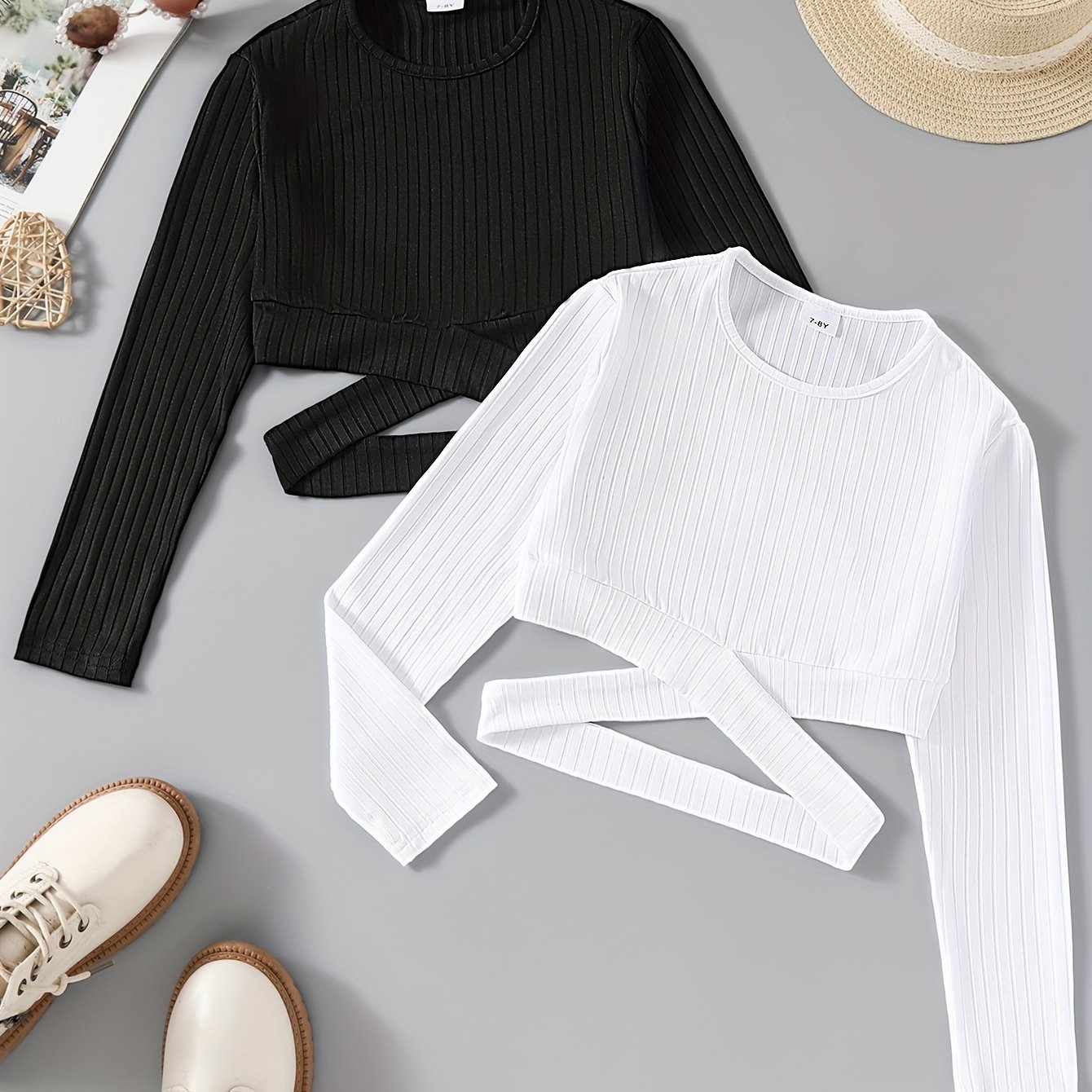 2pcs Set Girls' Big Child Top Ribbed Short Style Long Sleeve Navel-baring Slim Fit Cross Fashionable Top Casual T-shirt
