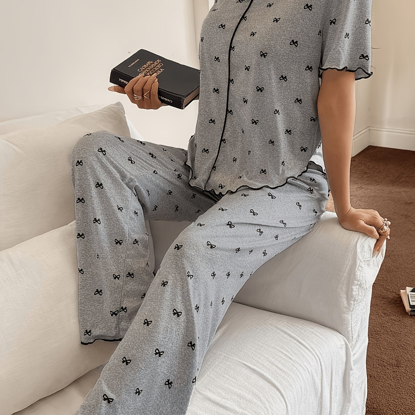 TEMU New Casual Women's Bow Print Short-sleeved Pants Pajamas Set