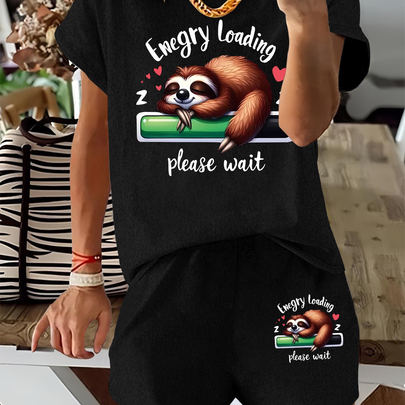 TEMU Women's Wear T-shirt & Shorts Set - " " Sloth Print, Comfy Curved Hem, Light Gray Two-piece Outfit With Drawstring Shorts, Perfect For Spring/