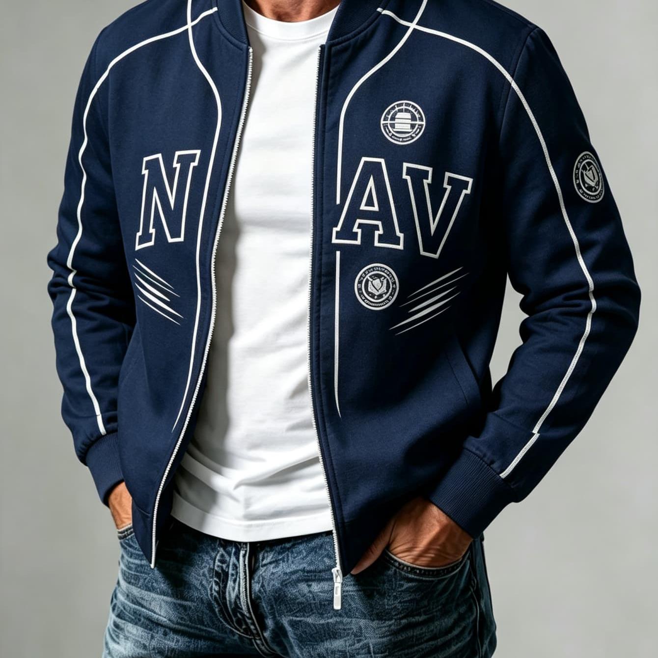 Image of 2d Flat Print Men's Fashion Jackets, Men's Casual Coats Long Sleeve Outerwear Navy Contrast Daily Style Letter Badge Print Slim Fit Baseball Jacket Men's Autumn Clothing Suitable For Street