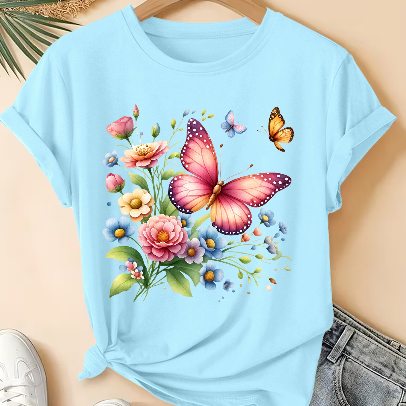 TEMU Women's Summer Clothing, Pink Style Printed Round Neck Short Sleeve Plus Size Friendly Women's T-shirt, Fashionable Commuter, Vacation, Daily