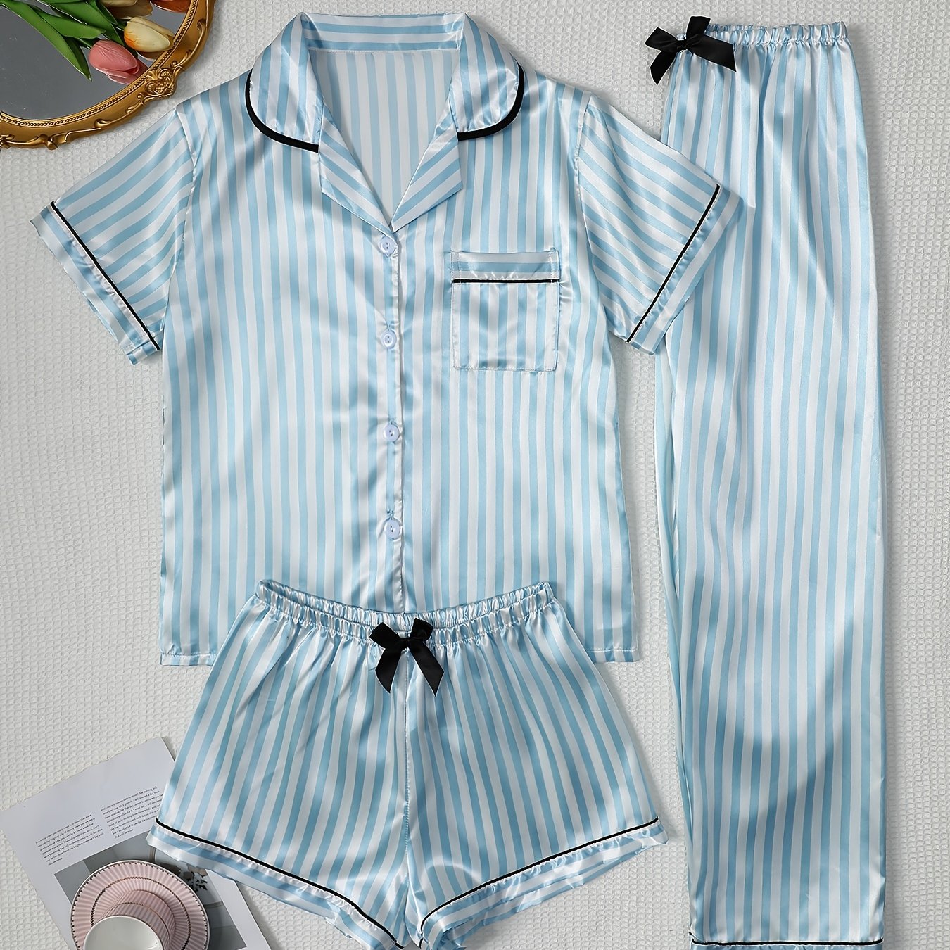 TEMU Elegant Women's Short Sleeve Shorts Long Pants Lapel Striped Printed Bow Tie Style Pajamas 3pcs Set Sleepwear Set Loungewear Set
