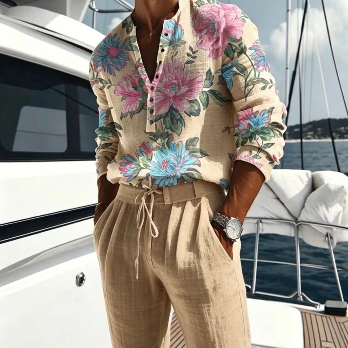 Men'-piece Set: Retro Pink Peony Print Long-sleeve Henry Half-button Shirt With Drawstring Waist And Casual Wide-leg Trousers, Yacht And Beach Vacation Outfit