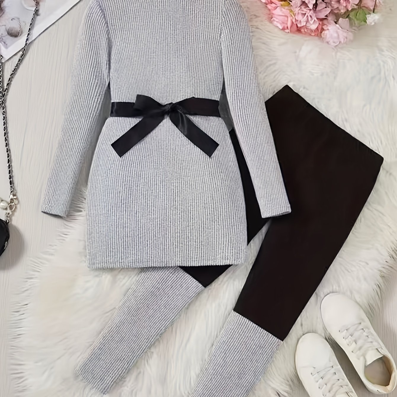 Image of 2-piece Girls' Autumn/winter Contrast Color High Neck Long Sleeve Belted Bow Knit Top And Pants Casual Set, Suitable For Outdoor Wear,christmas,halloween
