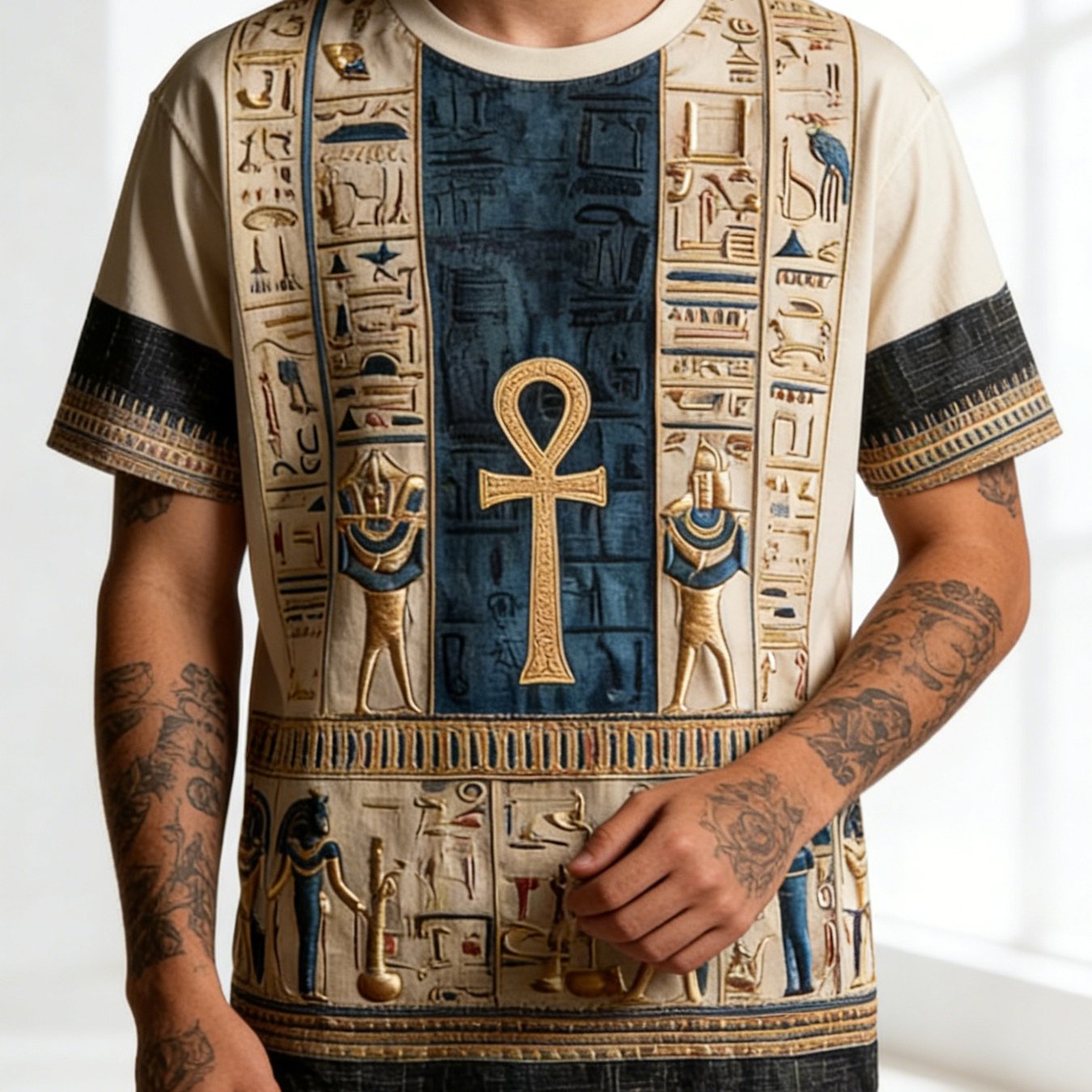 TEMU Ankh Symbol Hieroglyphic Print Oversized T-shirt - Vintage Style - Breathable Casual Crew Neck Short Sleeve - Summer Oversized Top, Vintage