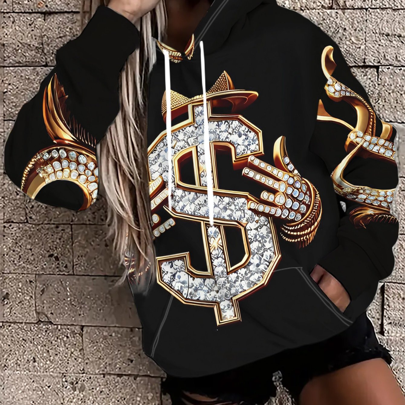 TEMU Luxurious Dollar Sign Embossed Women's Hoodie, Made From Fabric, Featuring A Stylish Drawstring Design That Showcases And Trendiness, Suitable