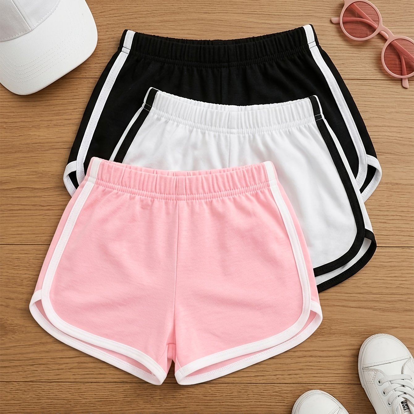 TEMU 3pcs Set Of Retro Athletic Shorts, Girls Boys Color-block Running Shorts, Summer Solid Color Side Stripe Dolphin Shorts, For Outdoor